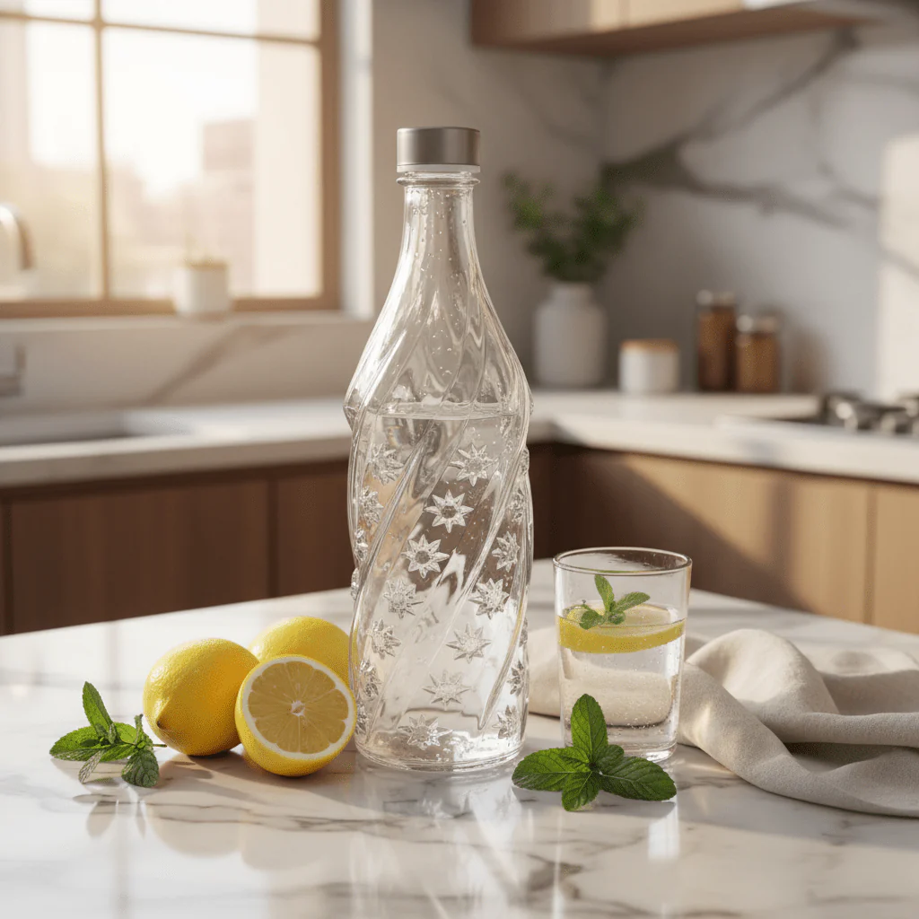 Pishgaman Elegant Embossed Glass Water Bottle 1200ml – Premium Floral Crystal-Cut Design - Image 2