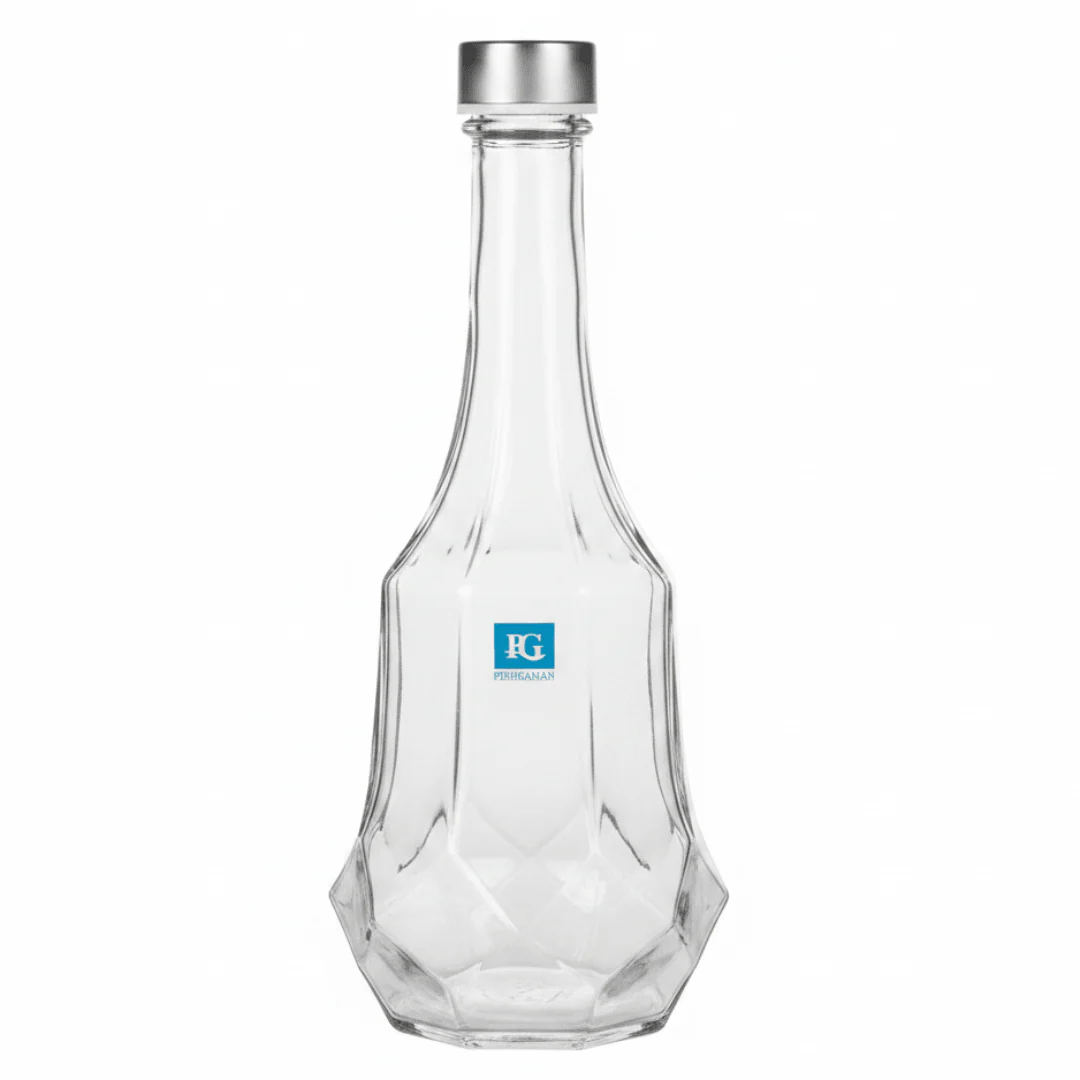 Pishgaman Elegant Faceted Clear Glass Water Bottle 1500ml – Premium Hexagonal Design with Secure Silver Metal Cap