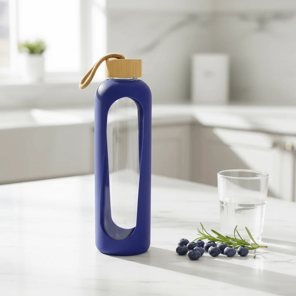 Plain Glass Water Bottle with Navy Blue Silicone Grip Cover – 28 cm - Image 2
