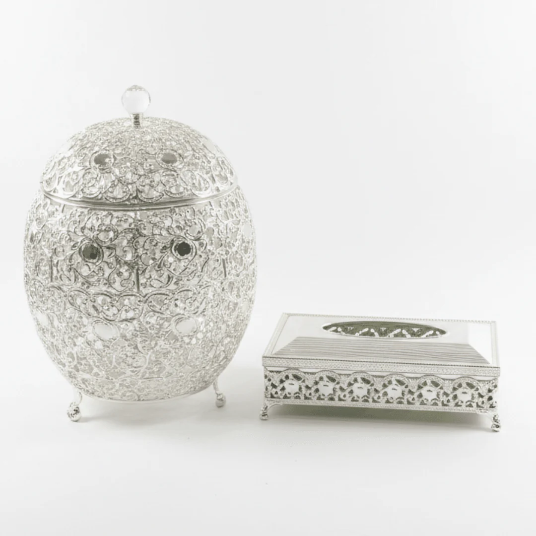 Premium Acrylic Dustbin with Silver Metal Base and Matching Tissue Box Set – Modern Bathroom & Office Use – 36 × 21 cm & 26 × 13 cm