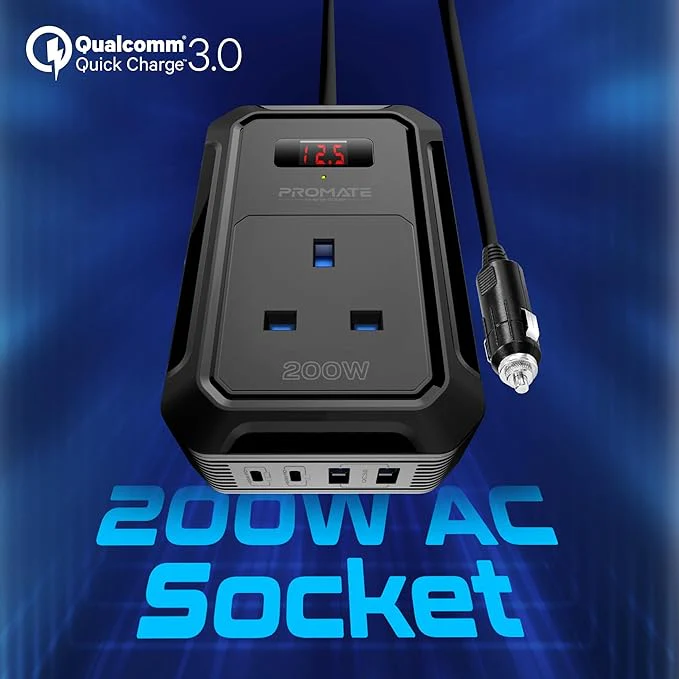 PROMATE 5 in 1 Car Power Inverter DC to AC Multi-Port 200 Watt, Dual USB-C Ports 65 Watt / 30 Watt Power Delivery & Dual QC 18 Watt USB-A Ports, LCD Digital Screen - Image 4