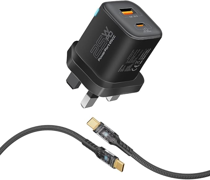 PROMATE Dual Port Wall Charger,25 Watt USB-C USB-A Charge Ports, 60 Watt USB-C, 1.2 meter Transparent Cable