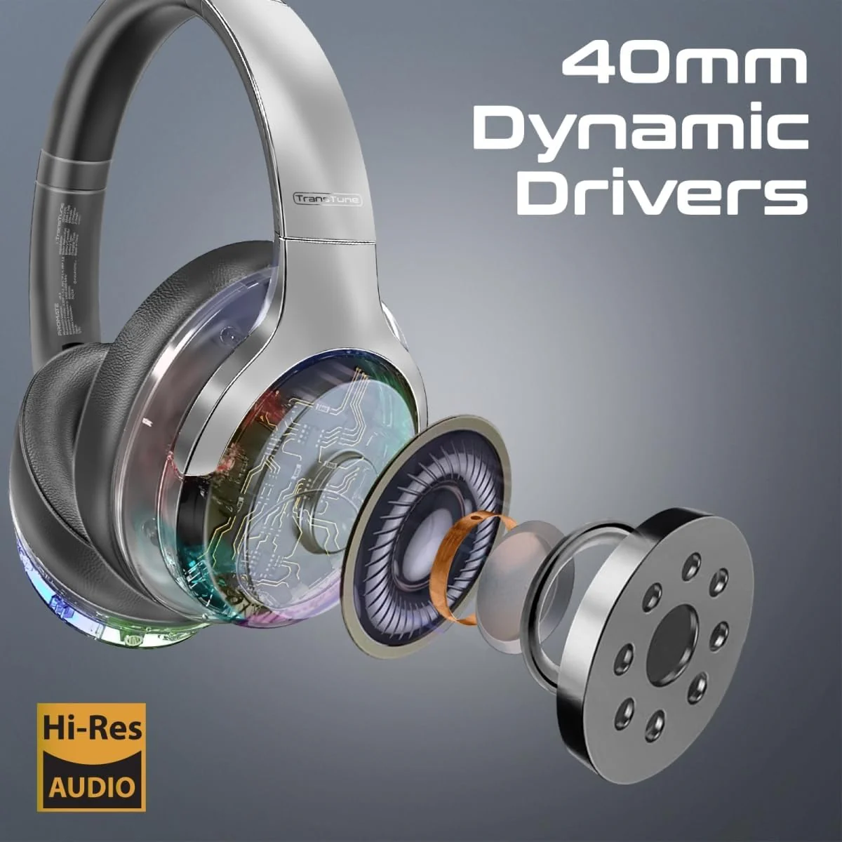 Promate Wireless Headphones, Hi-Fidelity Transparent ANC Bluetooth v5.3 Headset, RGB Lights, Mic, Foldable Design, 40H Playtime, 600mAh Battery, 3.5mm Jack for iPhone15, Galaxy S25, TRANSTUNE.SILVER - Image 2