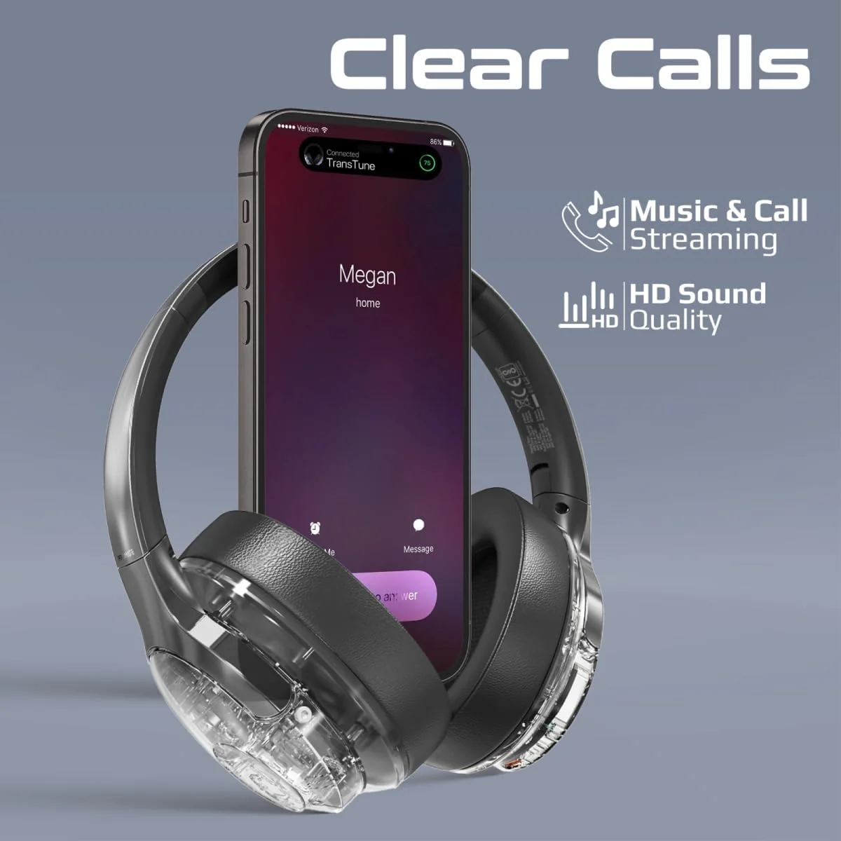 Promate Wireless Headphones, Hi-Fidelity Transparent ANC Bluetooth v5.3 Headset, RGB Lights, Mic, Foldable Design, 40H Playtime, 600mAh Battery, 3.5mm Jack for iPhone15, Galaxy S25, TRANSTUNE.SILVER - Image 5
