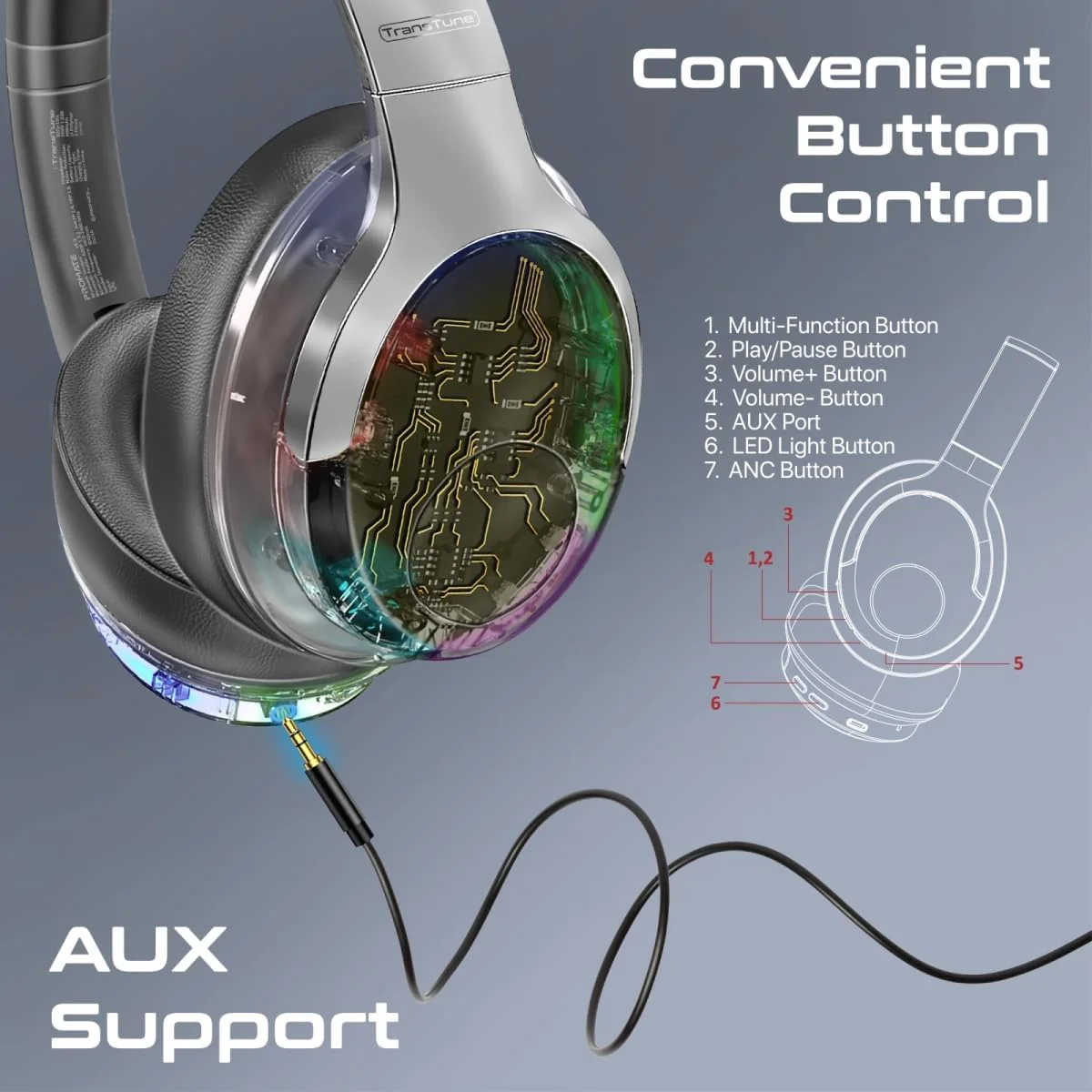 Promate Wireless Headphones, Hi-Fidelity Transparent ANC Bluetooth v5.3 Headset, RGB Lights, Mic, Foldable Design, 40H Playtime, 600mAh Battery, 3.5mm Jack for iPhone15, Galaxy S25, TRANSTUNE.SILVER - Image 7