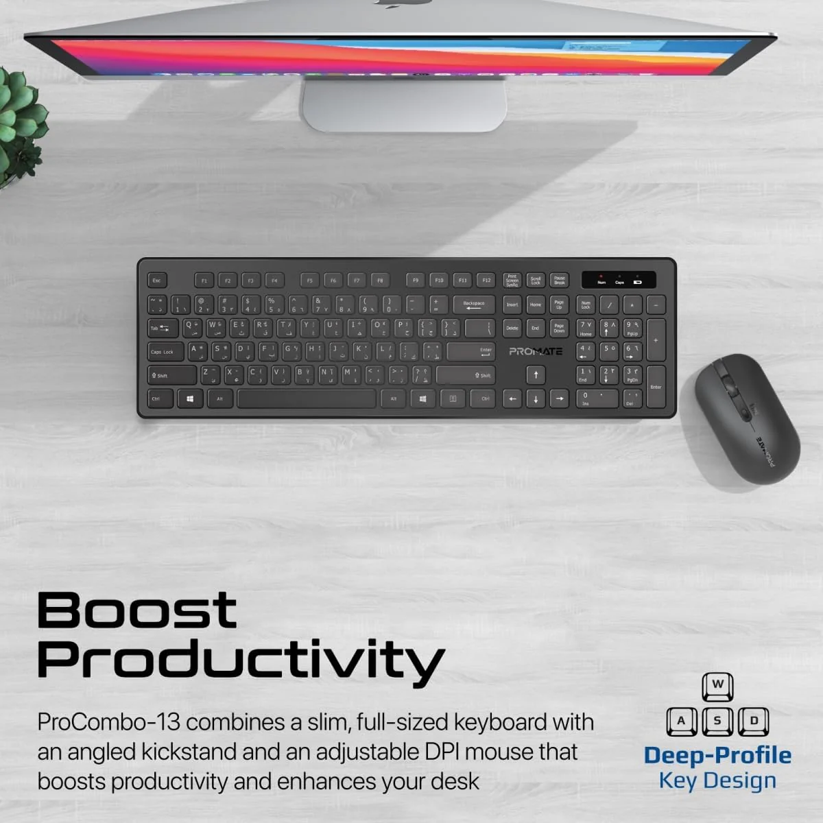 Promate Wireless Keyboard and Mouse Combo, Slim Full-Size2.4Ghz Wireless Keyboard, 1600 DPI Ambidextrous Mouse, Nano USB Receiver, Quiet Keys, Angled Kickstand for iMac, MacBook, ASUS, English/Arabic - Image 2