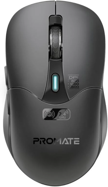 Promate Wireless Mouse, Ergonomic 500mAh Rechargeable Mice, Dual Mode Connectivity, Bluetooth v5.1, 2.4Ghz Transmission, Adjustable 1600DPI, 6 Functional Buttons for MacBook, Dell, Asus, SAMO.BLACK