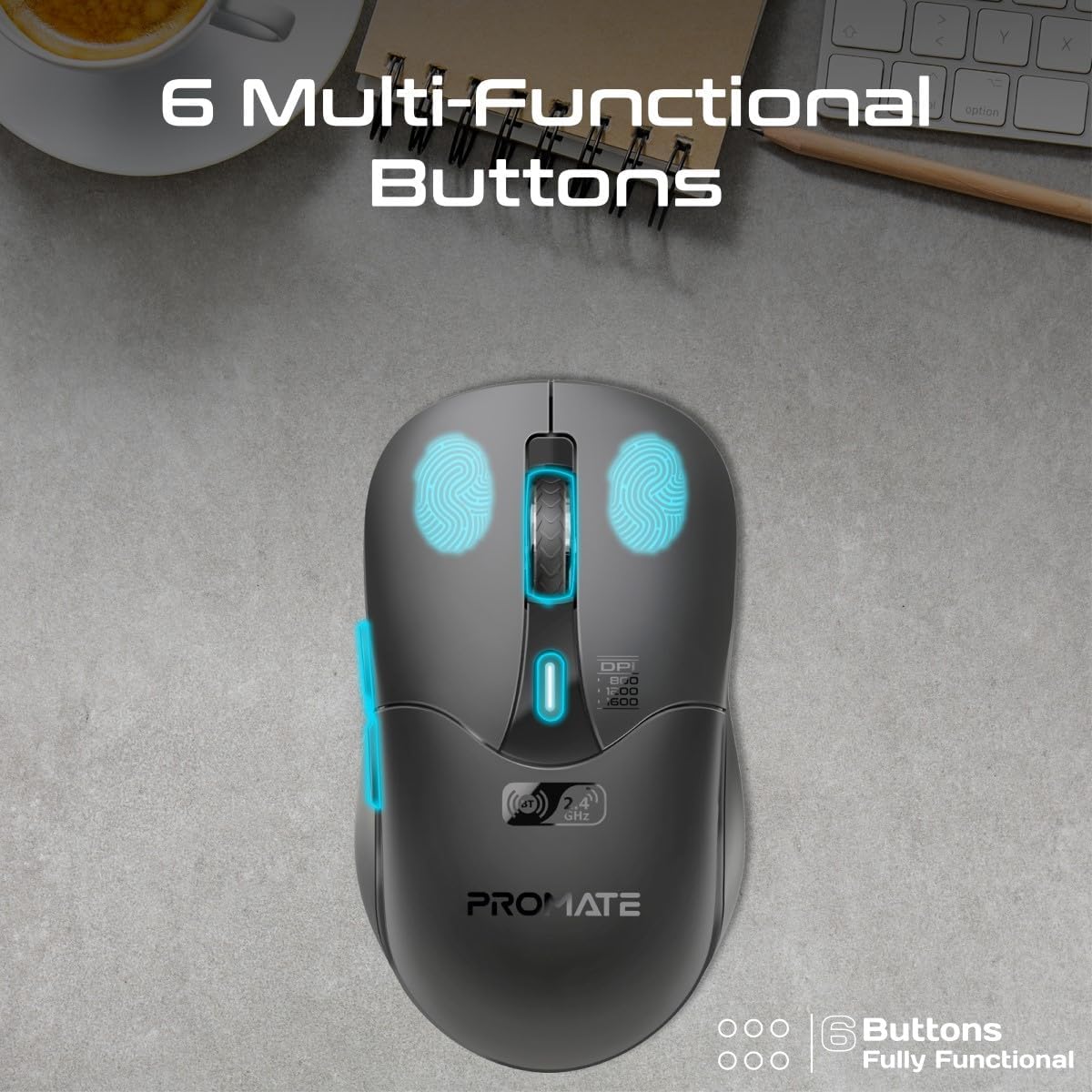 Promate Wireless Mouse, Ergonomic 500mAh Rechargeable Mice, Dual Mode Connectivity, Bluetooth v5.1, 2.4Ghz Transmission, Adjustable 1600DPI, 6 Functional Buttons for MacBook, Dell, Asus, SAMO.BLACK - Image 5