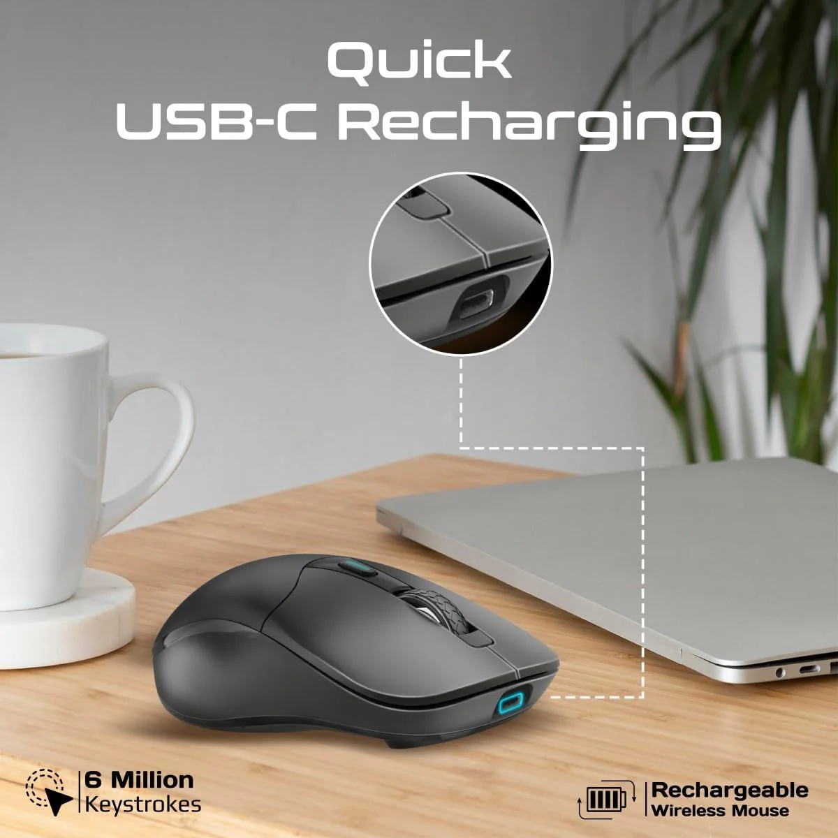 Promate Wireless Mouse, Ergonomic 500mAh Rechargeable Mice, Dual Mode Connectivity, Bluetooth v5.1, 2.4Ghz Transmission, Adjustable 1600DPI, 6 Functional Buttons for MacBook, Dell, Asus, SAMO.BLACK - Image 7