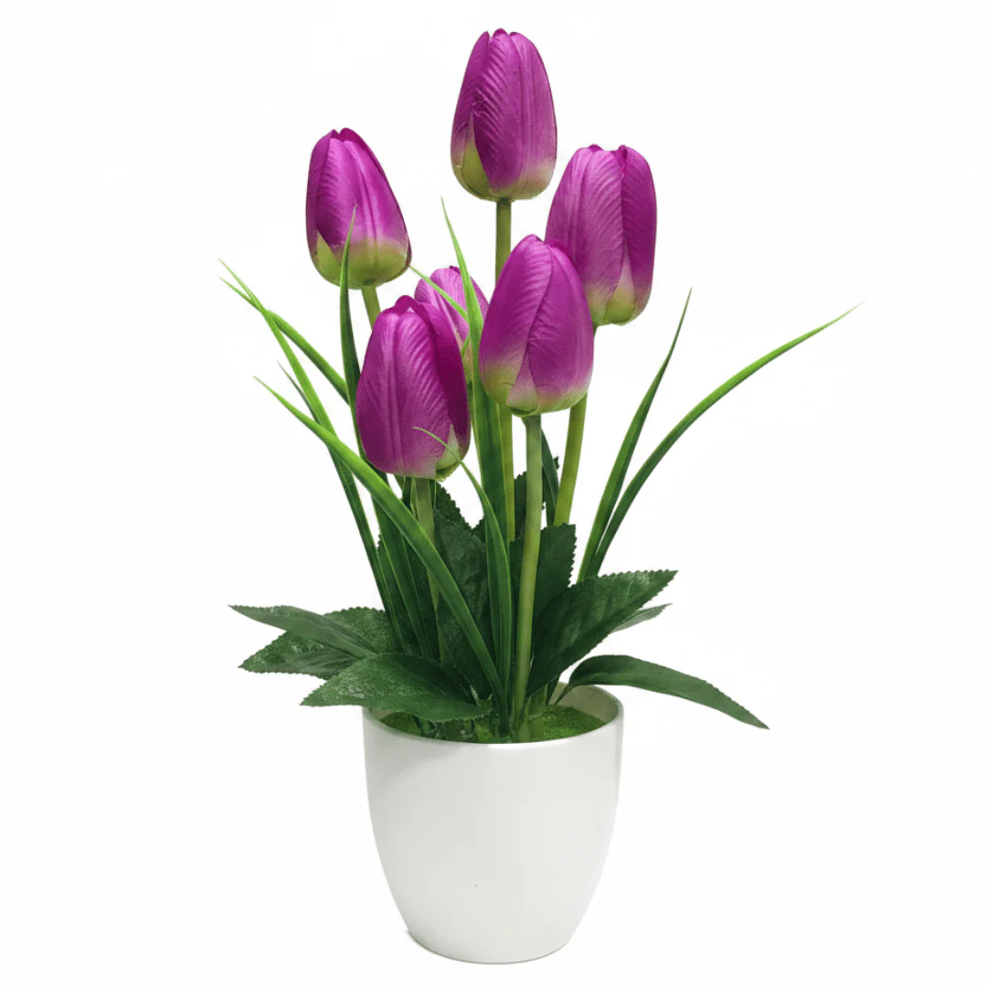 Zeem Purple & Green Artificial Tulip Bouquet in White Plastic Vase | 33cm | Premium Faux Floral Décor