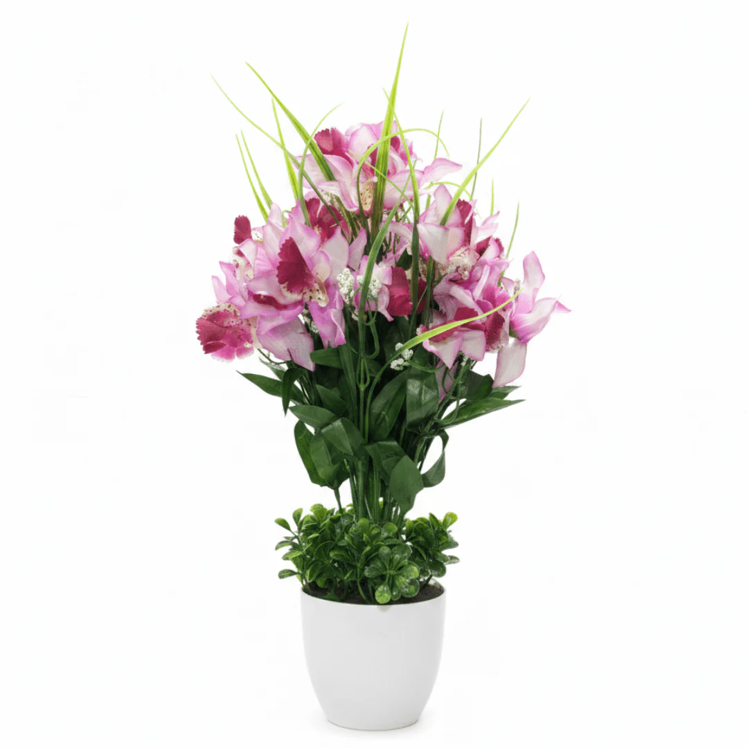 Purple & White Artificial Orchid Flower Plant with White Ceramic Vase – 38cm | Premium Home Décor