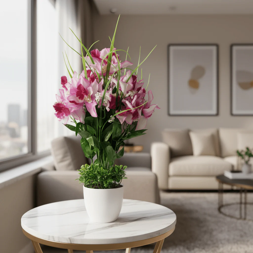 Purple & White Artificial Orchid Flower Plant with White Ceramic Vase – 38cm | Premium Home Décor - Image 4