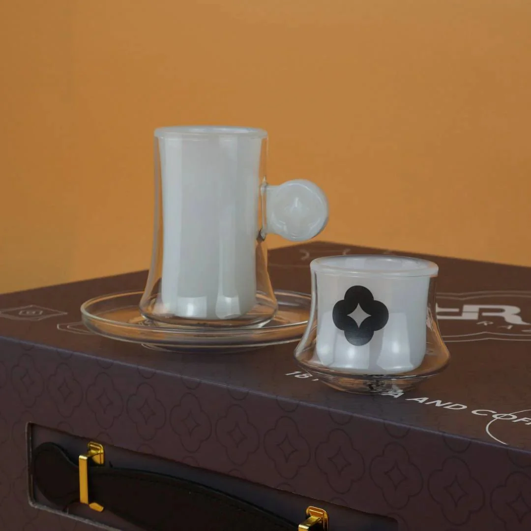 RAZ Axis Tea & Coffee Glass Set | 18 Pcs | 6 Tea Cups, 6 Cawa Cups & 6 Saucers | White - Image 3