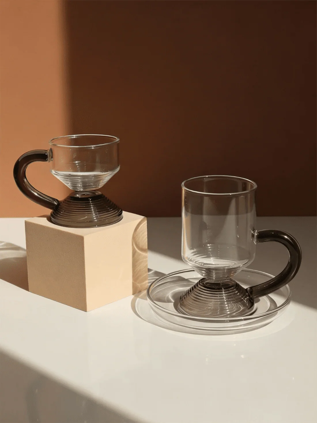 RAZ Levita 18-Piece Tea & Coffee Glass Set | Floating Handle | 6 Large Cups, 6 Small Cups & 6 Saucers | Gray