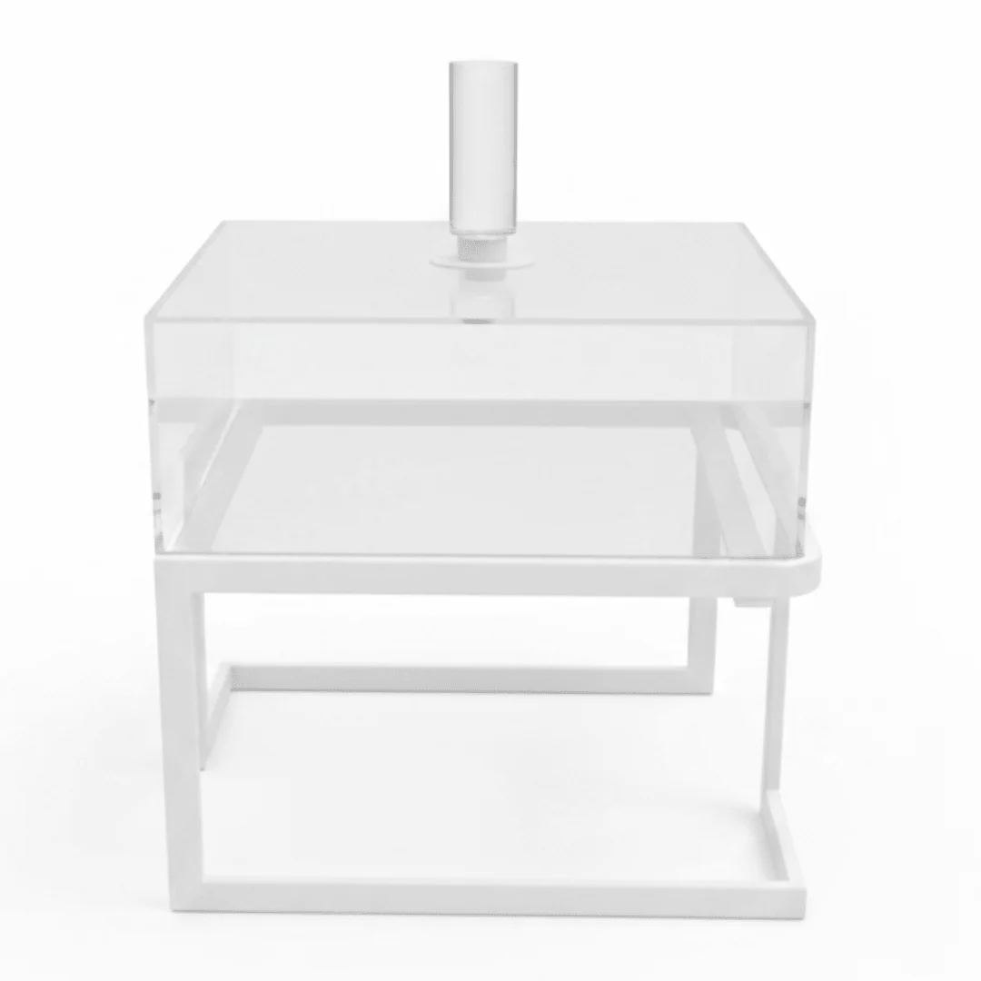 RAZ Premium Clear Acrylic Square Dessert Display Box with Transparent Lid and White Metal Stand for Cake & Pastry Presentation – 21.5×21.5×21 cm