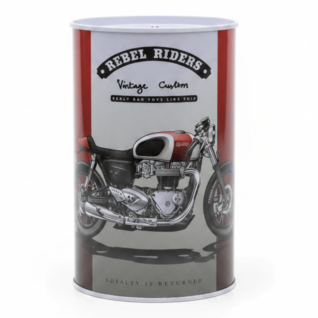 Rebel Riders Vintage Custom Metal Coin Piggy Bank Tin Box – Motorcycle Savings Box for Kids | 13×8 cm
