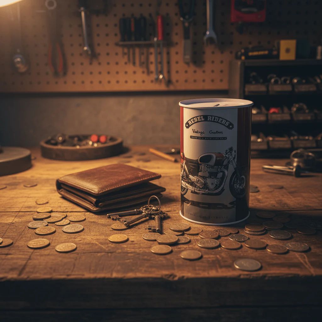 Rebel Riders Vintage Custom Metal Coin Piggy Bank Tin Box – Motorcycle Savings Box for Kids | 13×8 cm - Image 2