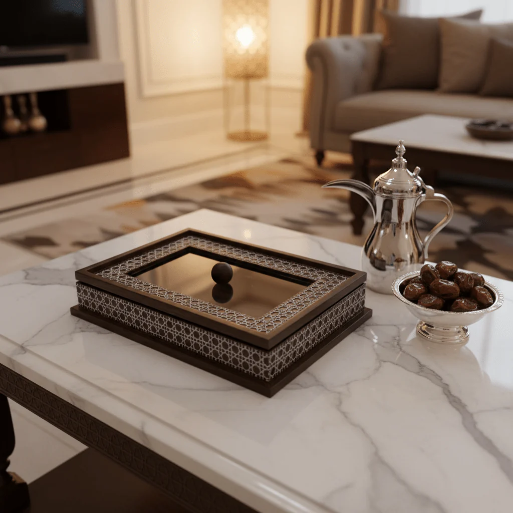 Luxury Rectangle Wooden Candy Box with Acrylic Mirrored Lid | Islamic Geometric Pattern | 32×22 cm - Image 2