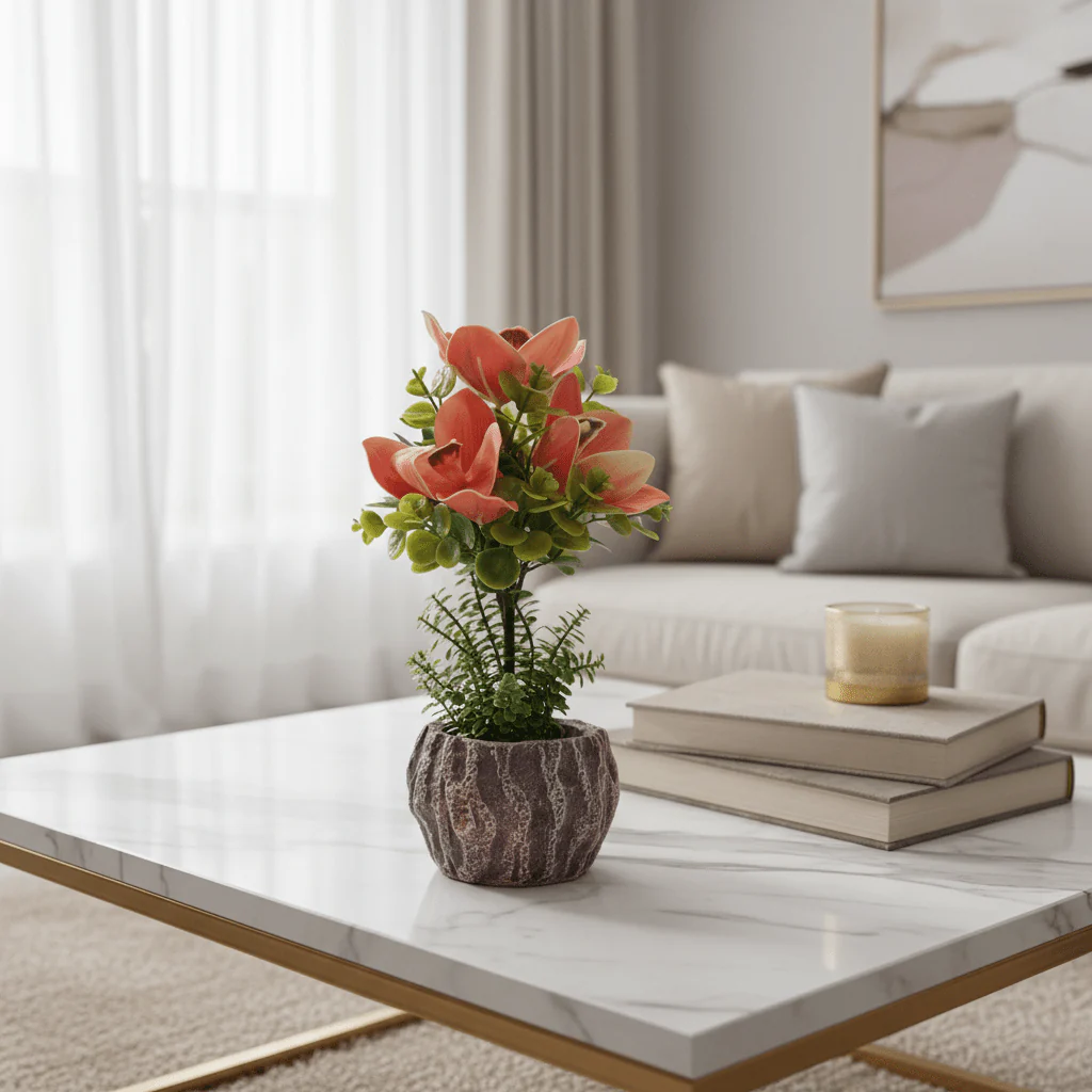 Coral Bloom Artificial Magnolia Plant | Elegant Chalk Pot | 33cm - Image 2