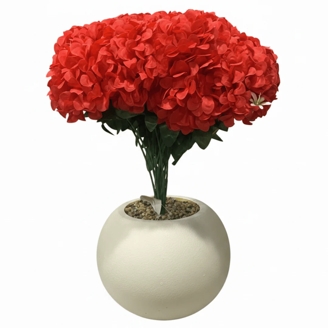 Red Artificial Hydrangea Arrangement | Cream Round Ball Pot | 35cm