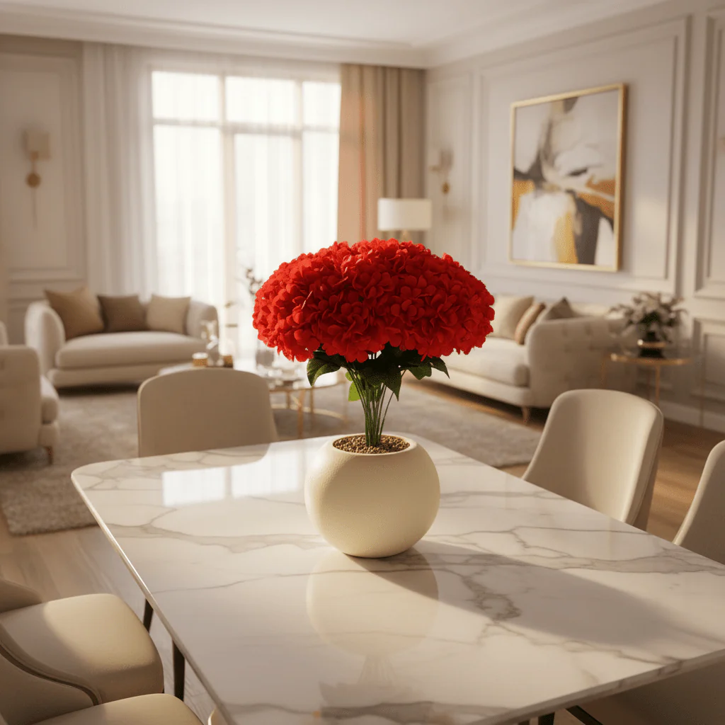 Red Artificial Hydrangea Arrangement | Cream Round Ball Pot | 35cm - Image 2