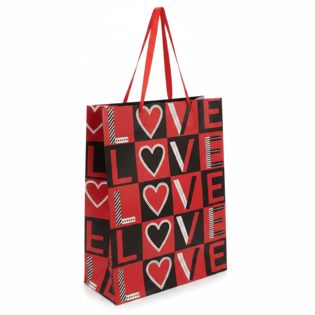 Red & Black LOVE Print Gift Bag with Heart Design | Premium Paper Gift Bag with Ribbon Handles | 40×30cm |