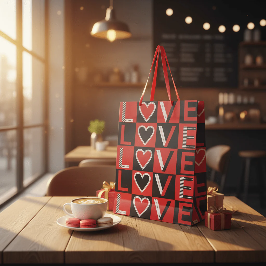 Red & Black LOVE Print Gift Bag with Heart Design | Premium Paper Gift Bag with Ribbon Handles | 40×30cm | - Image 2