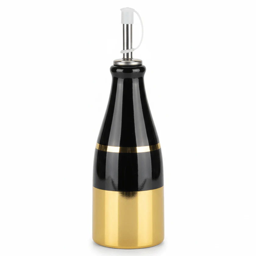 Red Cherry Premium Gold & Black Ceramic Oil Dispenser Bottle for Modern Kitchen Décor – 250ml