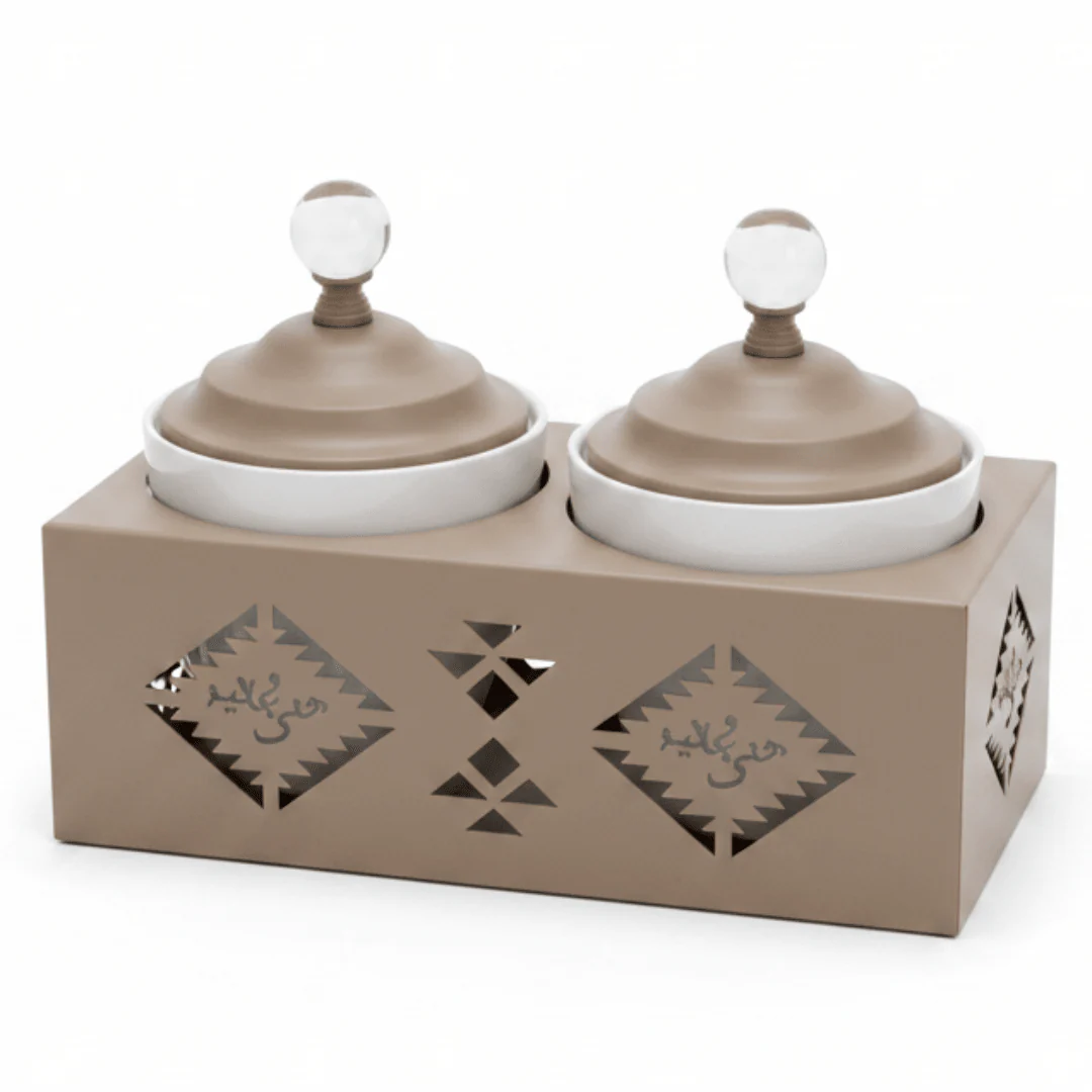 Red Home Elegant 2-Piece White Ceramic Cup Set with Durable Taupe Metal Stand and Matching Lids for Kitchen Storage and Serving (11.5 × 27 × 14 cm)