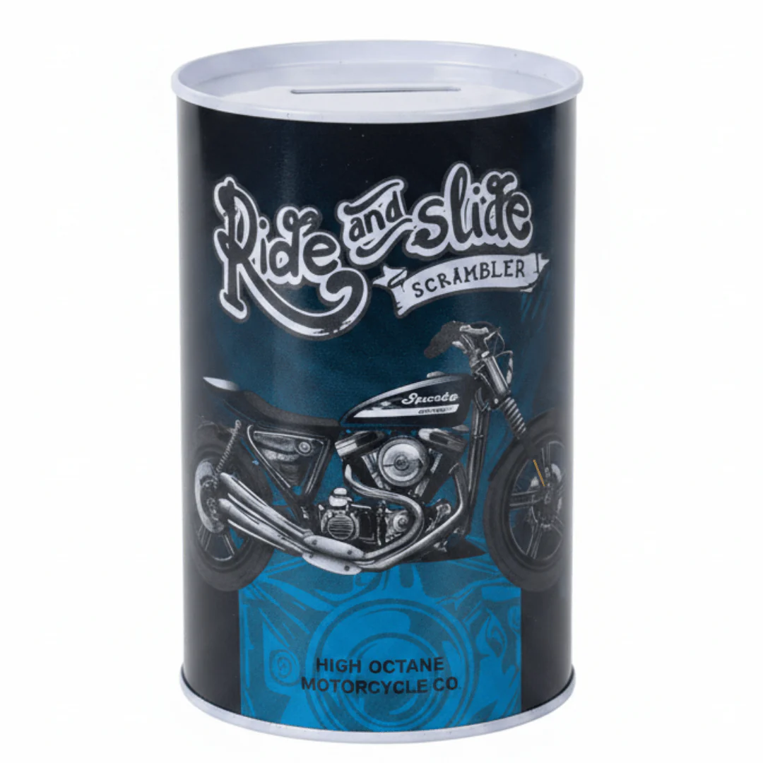Ride and Slide Scrambler Metal Coin Saving Bank Tin Box | Motorcycle Graphic Piggy Bank for Kids & Adults | Cylindrical Money Box with Slot Lid | 13×8cm | Dark Navy Blue