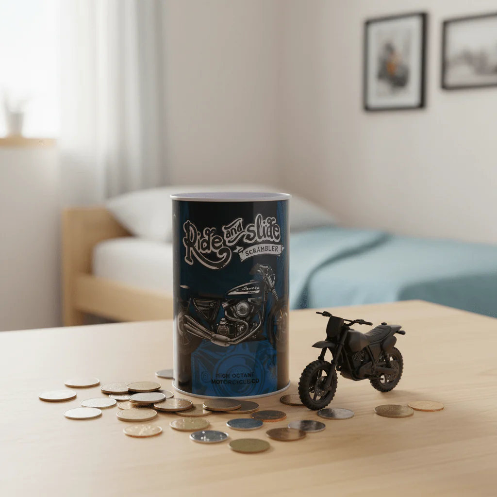 Ride and Slide Scrambler Metal Coin Saving Bank Tin Box | Motorcycle Graphic Piggy Bank for Kids & Adults | Cylindrical Money Box with Slot Lid | 13×8cm | Dark Navy Blue - Image 3