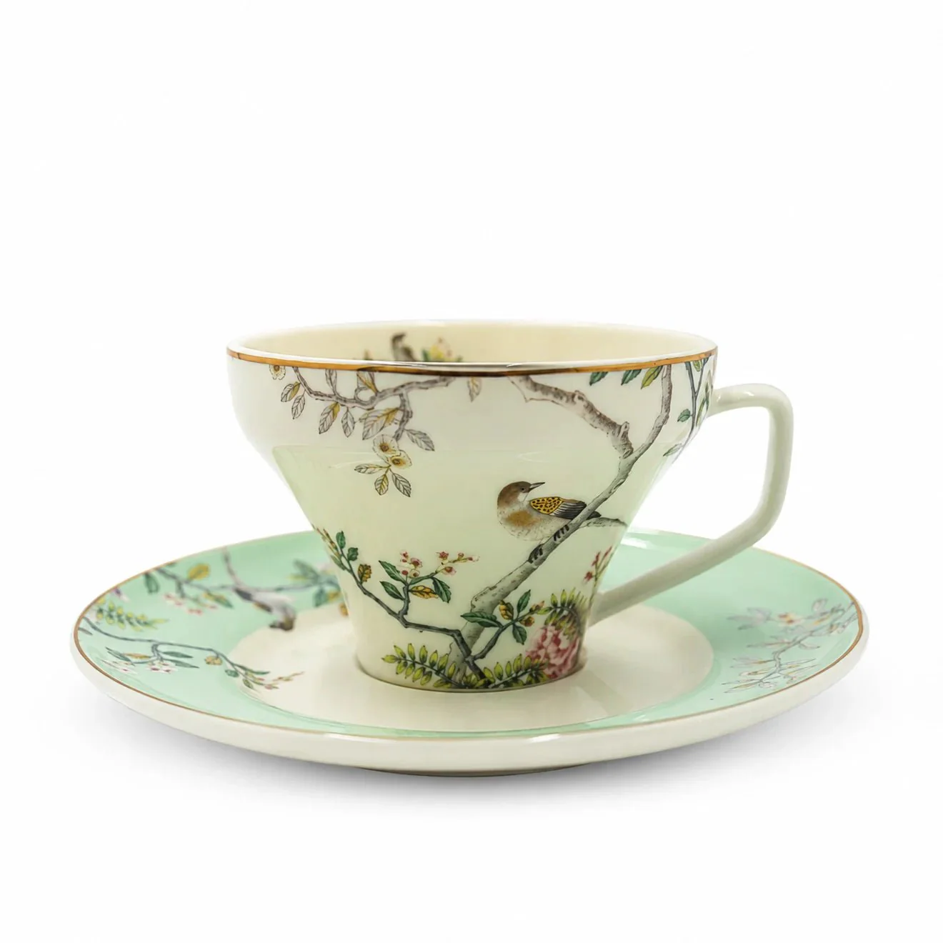 Angela RM-464 Milk Tea Cup & Saucer Set – 12 Pieces – Green Bird & Floral Design