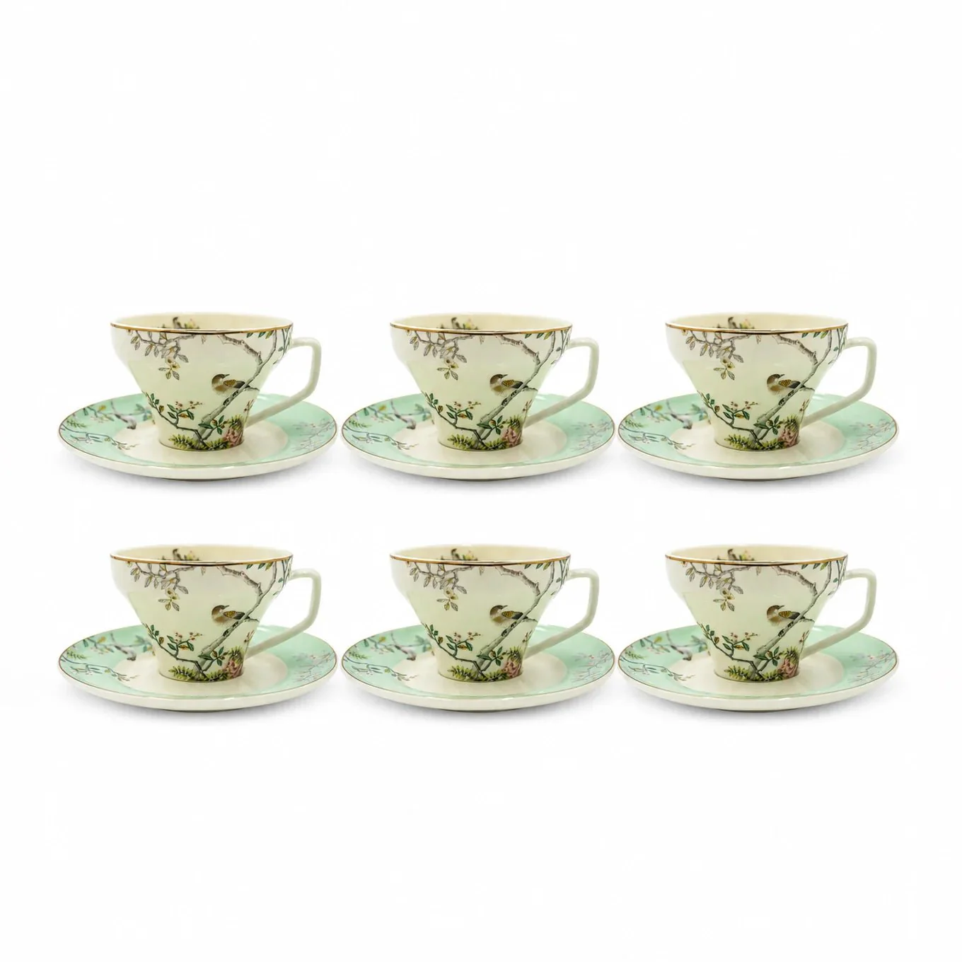 Angela RM-464 Milk Tea Cup & Saucer Set – 12 Pieces – Green Bird & Floral Design - Image 2