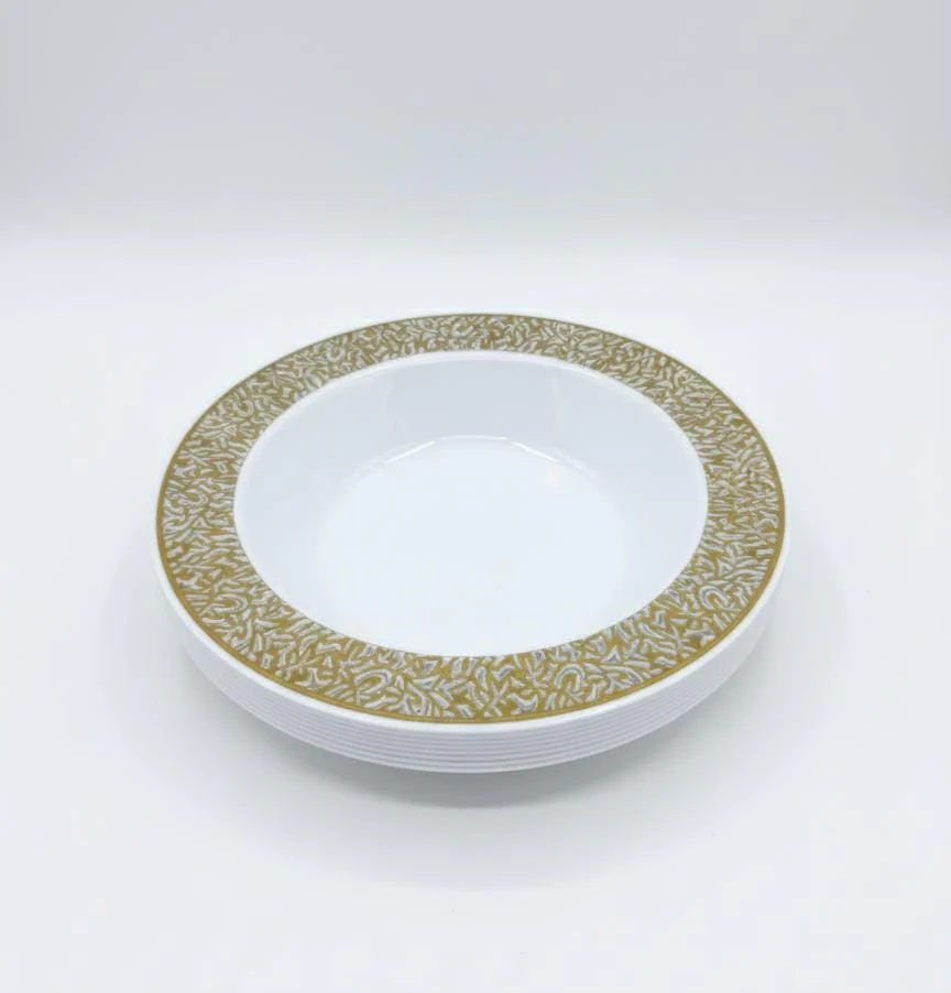 Rosymoment Premium 7.5" Heavyweight Disposable Plastic Bowls – Luxurious Golden Unique Border, 32g, Set of 10 Elegant Dining Pieces - Image 2