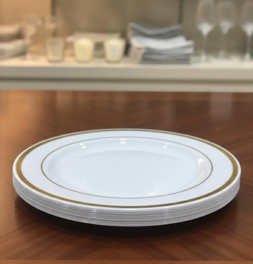 Rosymoment Premium 7.5" Heavyweight Disposable Plastic Plates – Golden Round Border, 24g, Set of 10 Stylish Plates for Every Occasion