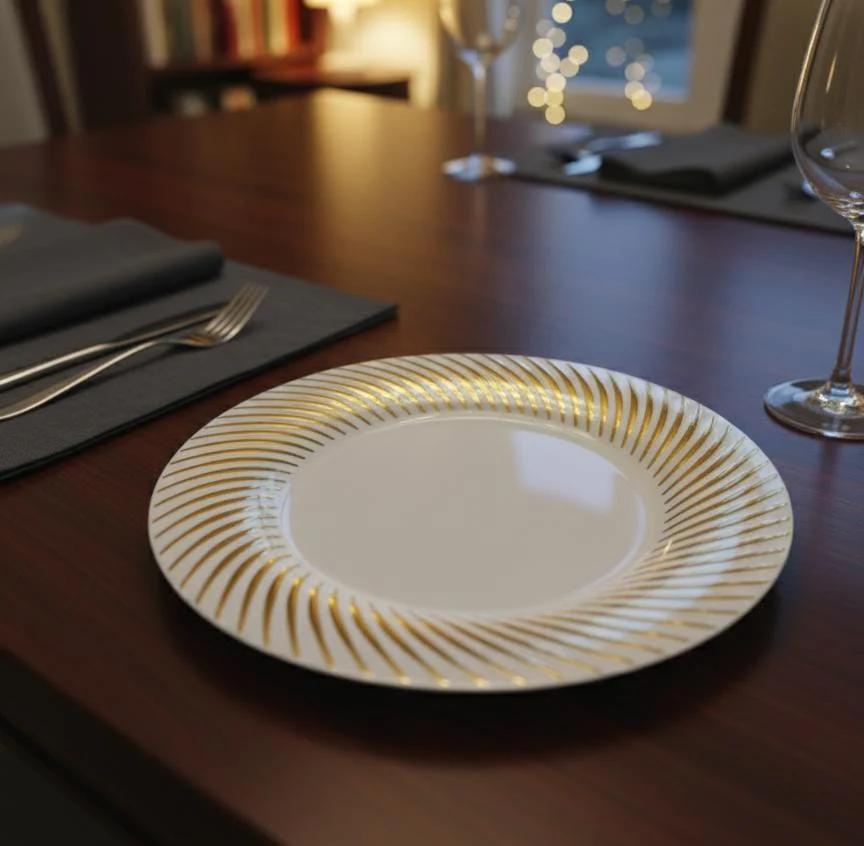 Rosymoment Premium 9" Heavyweight Disposable Plastic Plates – Exclusive Gold Unique Border, 35g, Set of 10 Elegant Dinner Plates
