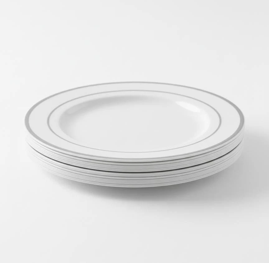Rosymoment Premium 9" Heavyweight Disposable Plastic Plates – Silver Round Border, 35g, Set of 10 Classy Plates for Parties & Events