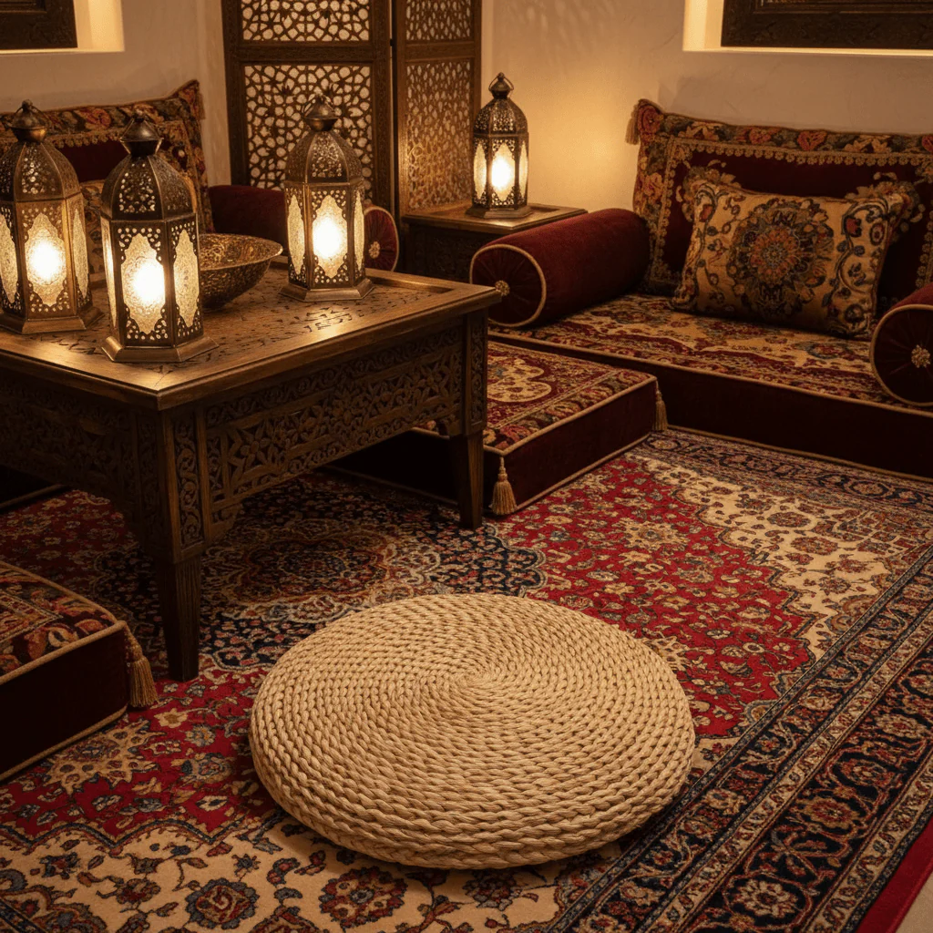 Round Rattan Floor Cushion Natural Seagrass Weave - 45cm / 40cm - Image 2