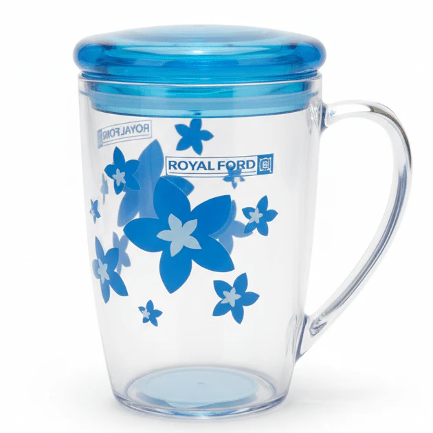 Royal Ford Transparent Acrylic Mug with Blue Flower Design and Lid 400 ml Decorative Mug with Cover