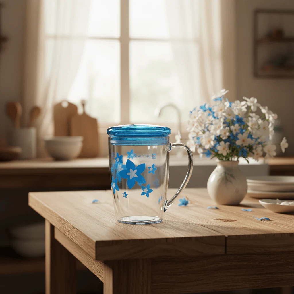 Royal Ford Transparent Acrylic Mug with Blue Flower Design and Lid 400 ml Decorative Mug with Cover - Image 2