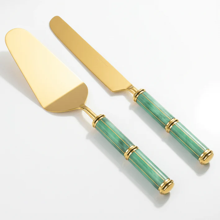 Royal Victoria Gold Stainless Steel Cake Server Set (2 pcs) with Elegant Green Accent Handle – Premium Serving Tools 28×30 cm