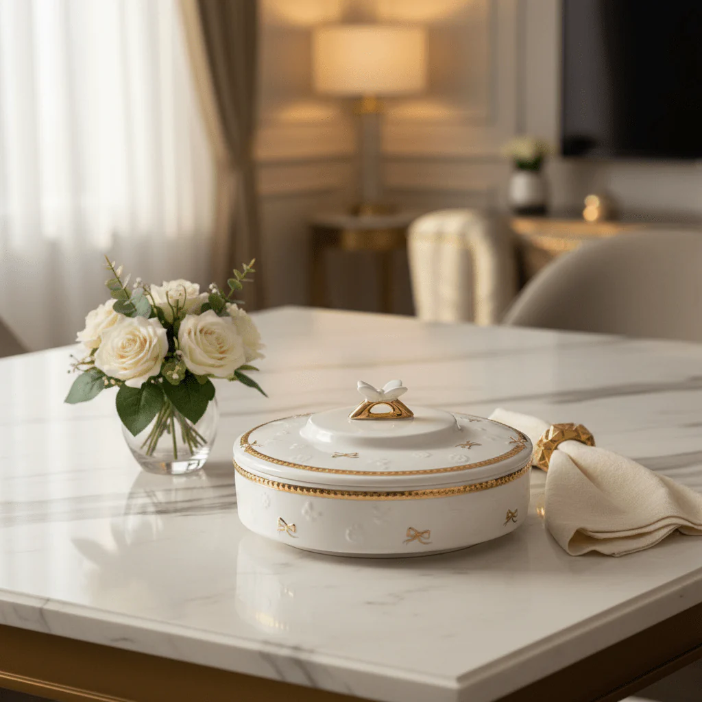 Royal Victoria Luxe White & Gold Ceramic Candy Box with Lid Decorative Storage Container 25×6cm - Image 2