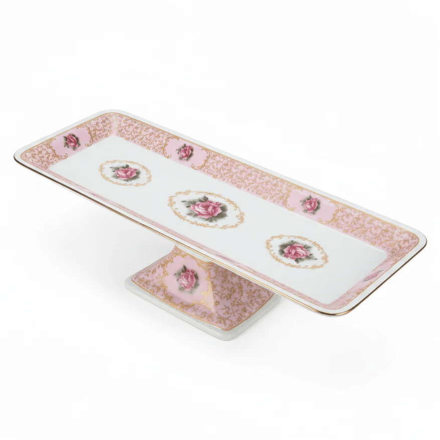 Royal Victoria Pink Ceramic Footed Rectangular Cake Stand 38×14 cm Premium Dessert Display Plate