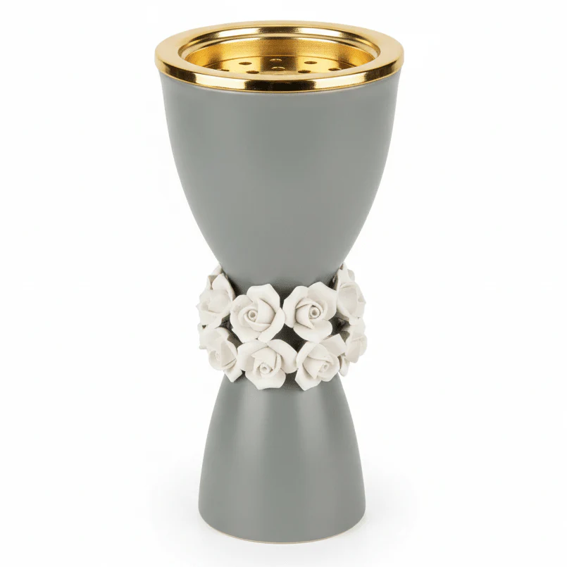 Royal Victoria grey and Gold Ceramic Incense Burner with White Flower Design Elegant Decor 23cm