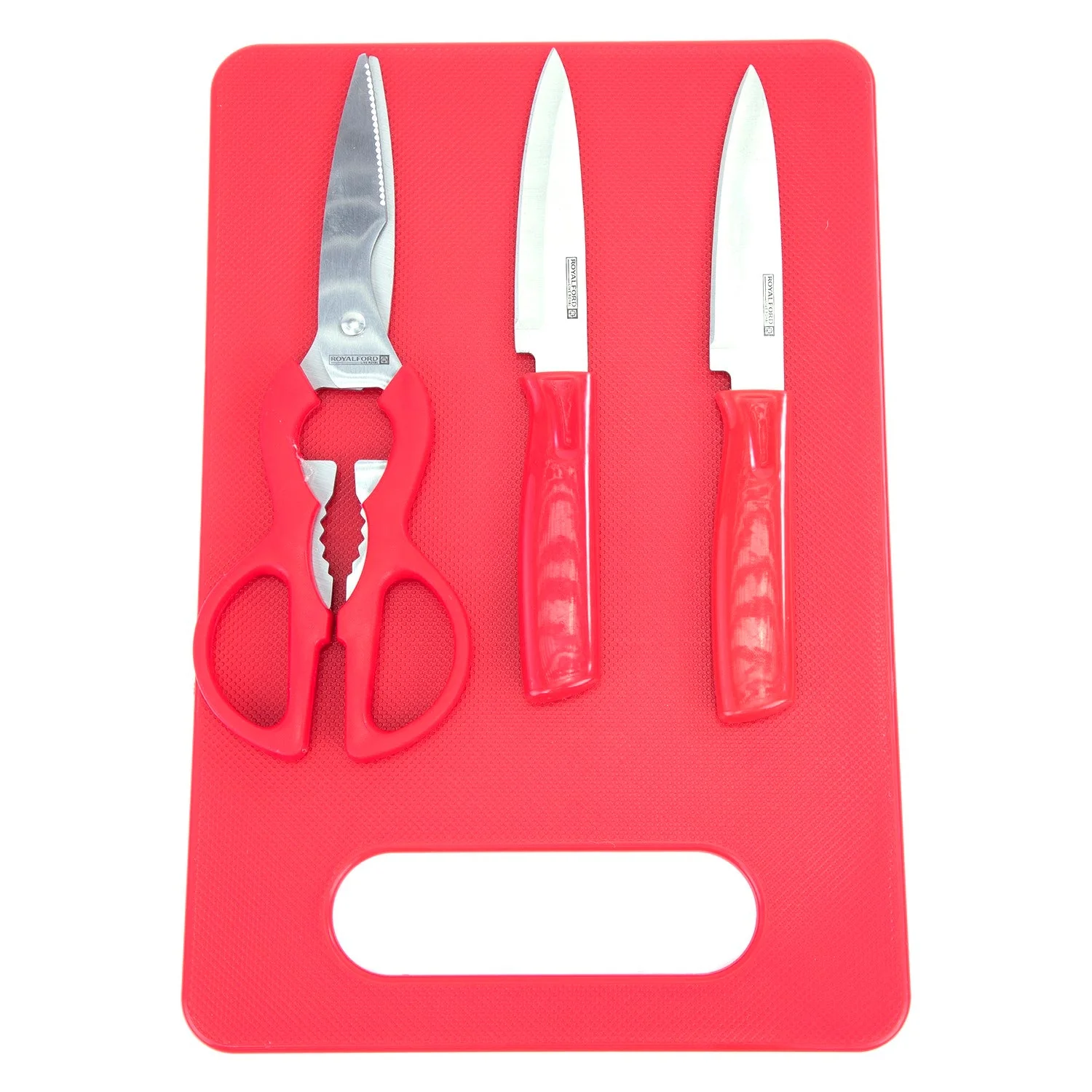 Royalford 4pcs kitchen Gadget Set Includes 2pcs Knife, 1Pc Scissor, 1pc Cutting Board, RF6968RD - Image 4