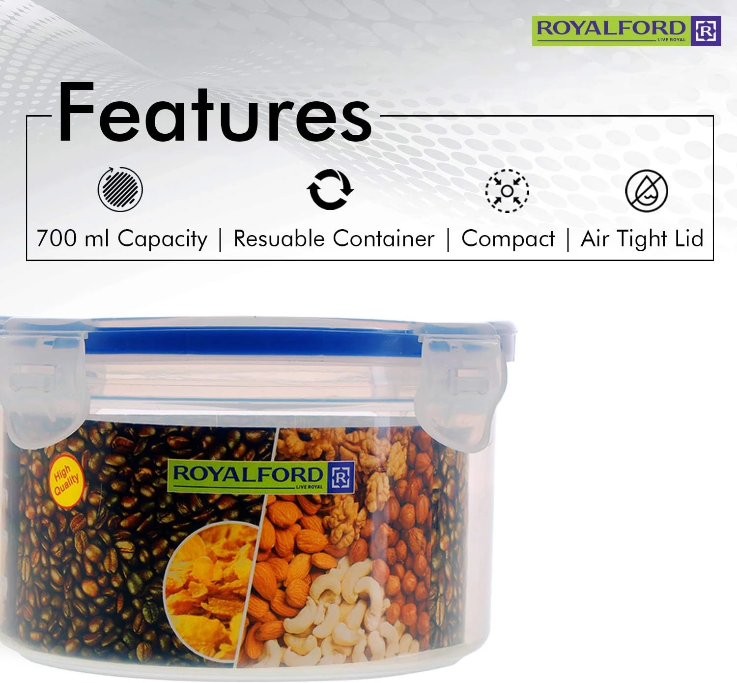 ROYALFORD Air-Tight Round Food Container 700ml, 14cm*13cm*7.8cm- RF418APB - Image 2