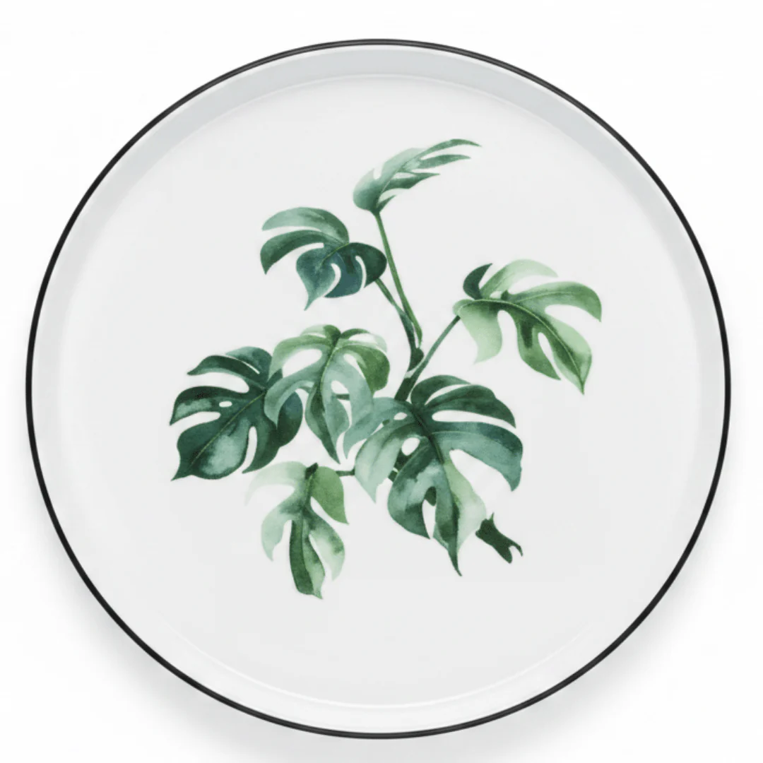 Royalford Melamine Dinner Plate | Black Rim with Botanical Green Leaf Design 11 Inch