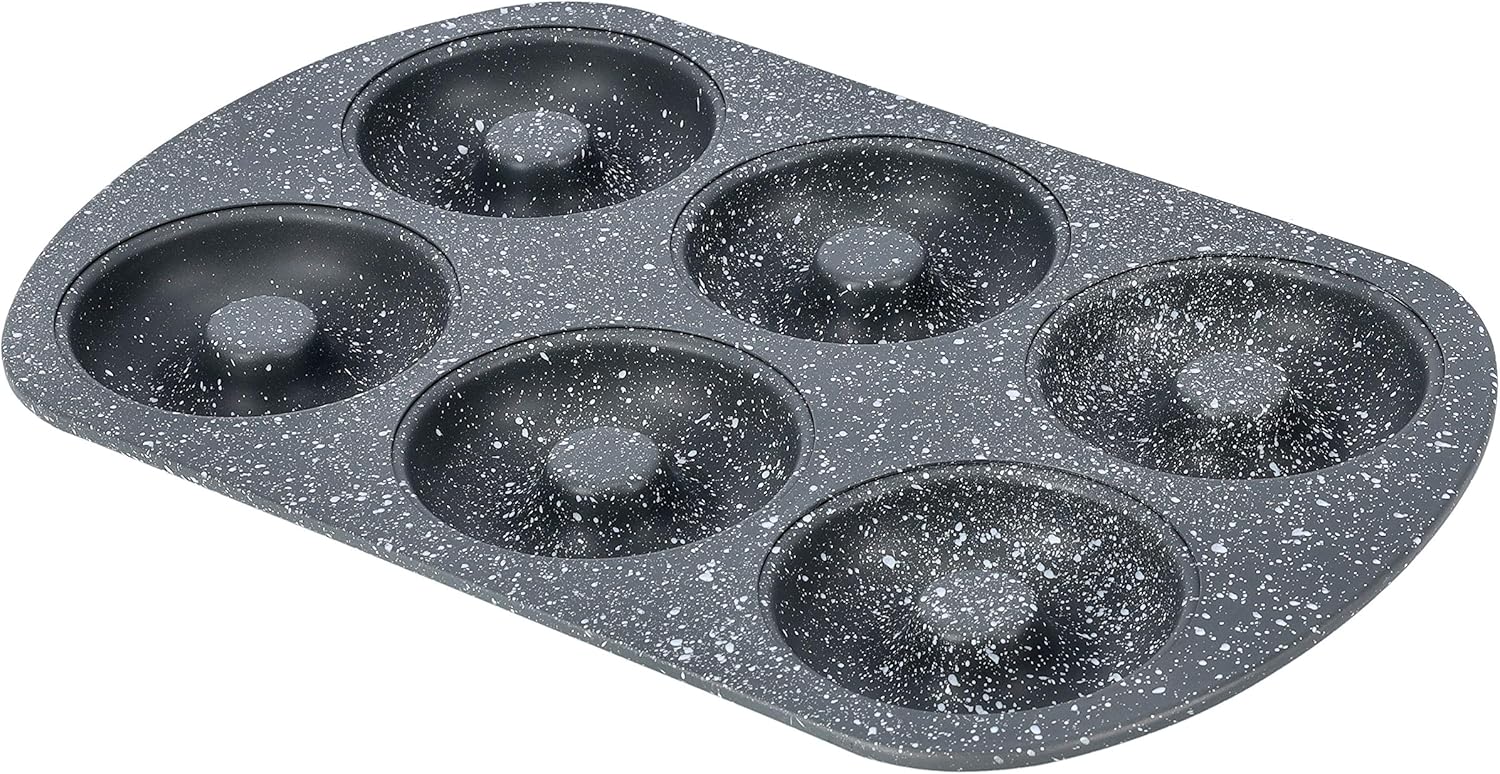 Royalford Carbon Steel 6-Cavity Donut Pan 32cm*21cm*2.3cm, 8cm Donut Dia, Granite Coated Interior, RF9905