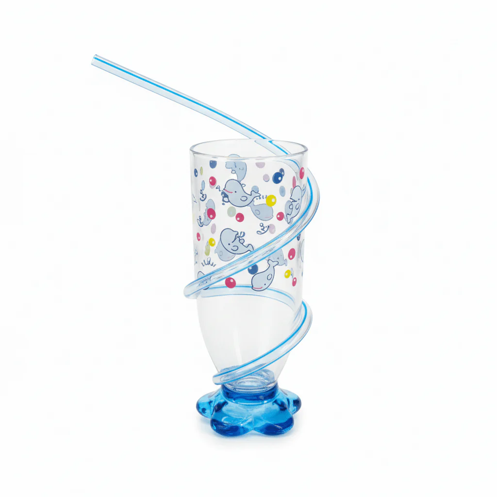 Royalford Beluga Acrylic Drinking Glass with External Spiral Glass Straw | 140ml | Clear & Blue — Whale Print Edition