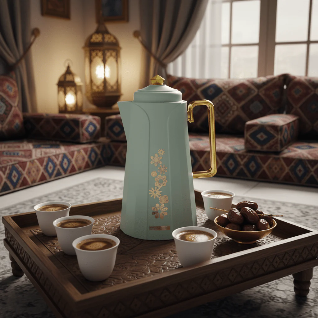 Royalford Vacuum Flask 1L – Dull Blue with Gold Floral - Image 2